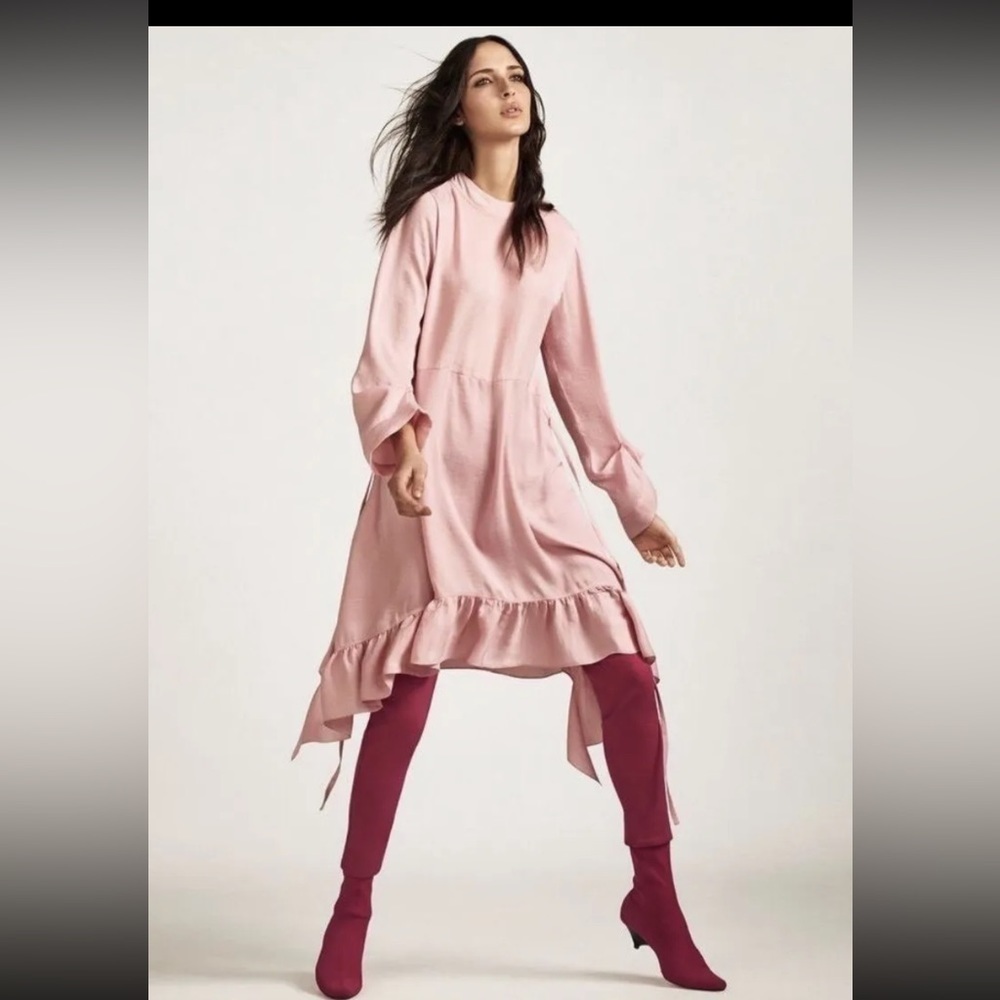 Zara woman’s sz Large Frilled Pink Midi Dress Ruffled Hem Boho NWT - Picture 14 of 15